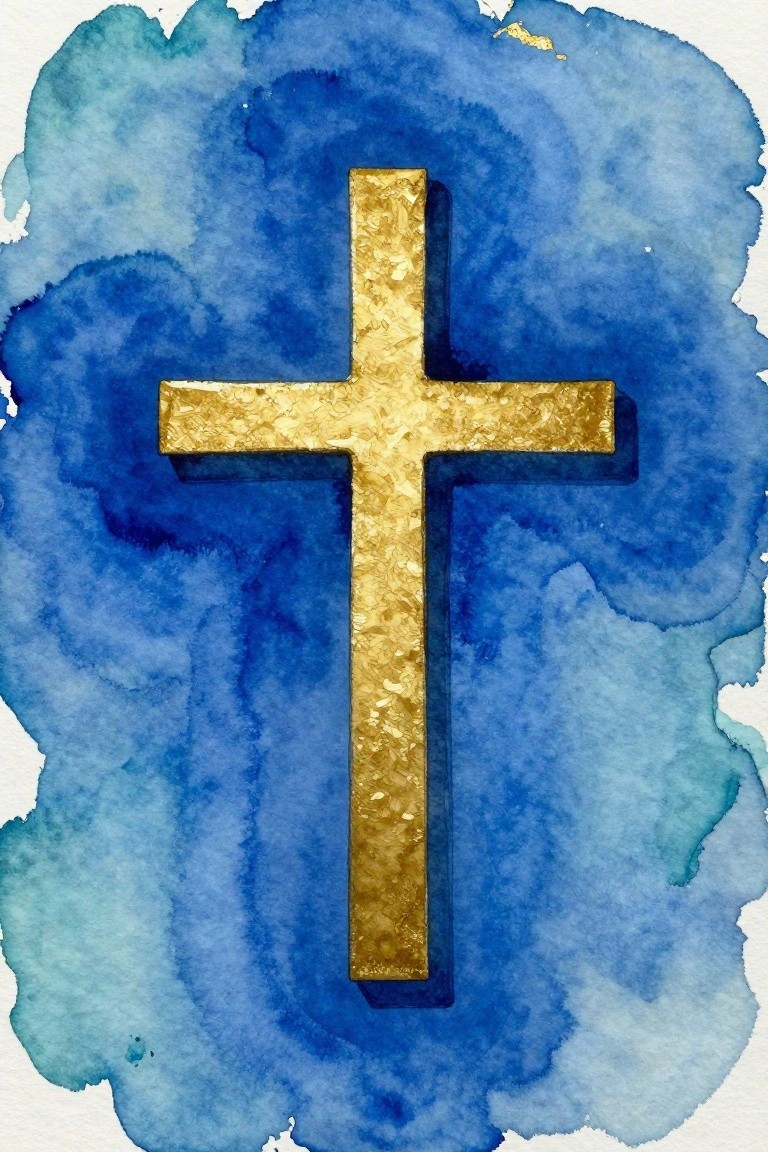 Textured golden cross centered on swirling blue teal watercolor background