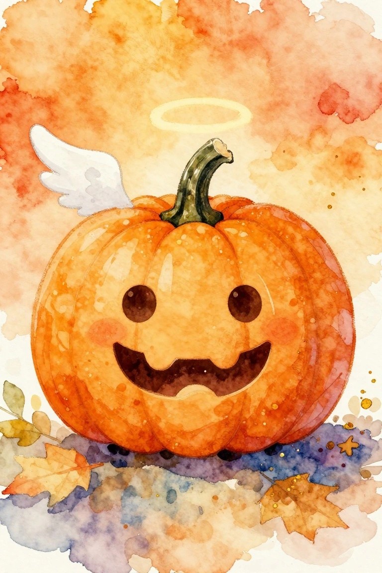 Watercolor jack-o'-lantern pumpkin with angel wing, halo, and autumn leaves on colorful background.
