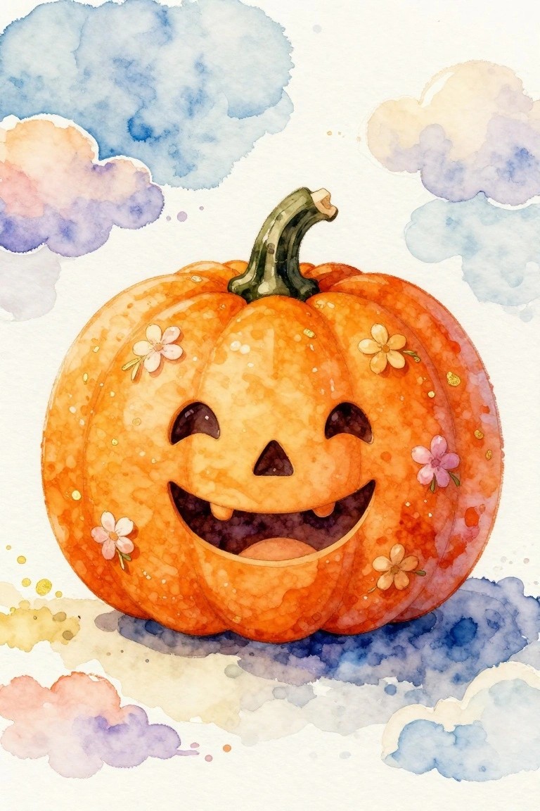 Watercolor orange jack-o'-lantern with smiling face, flowers, and pastel clouds