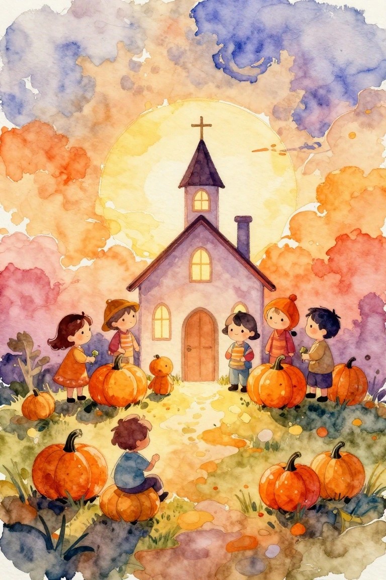 Children with pumpkins by a church under a glowing sunset sky in watercolor style