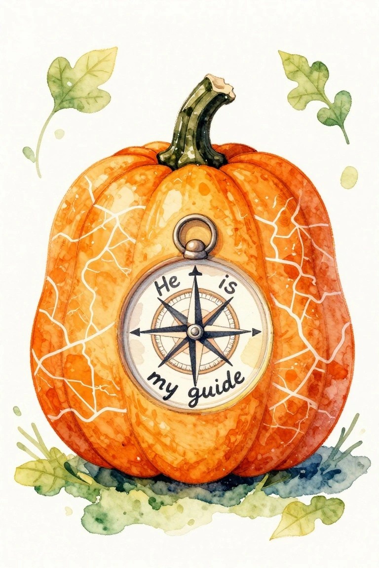Watercolor orange pumpkin with compass reading 