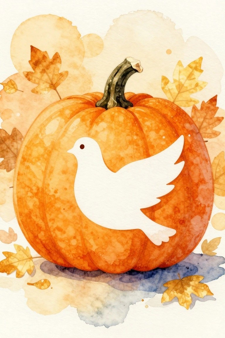 A watercolor painting of an orange pumpkin with a white dove silhouette and autumn leaves scattered around it.