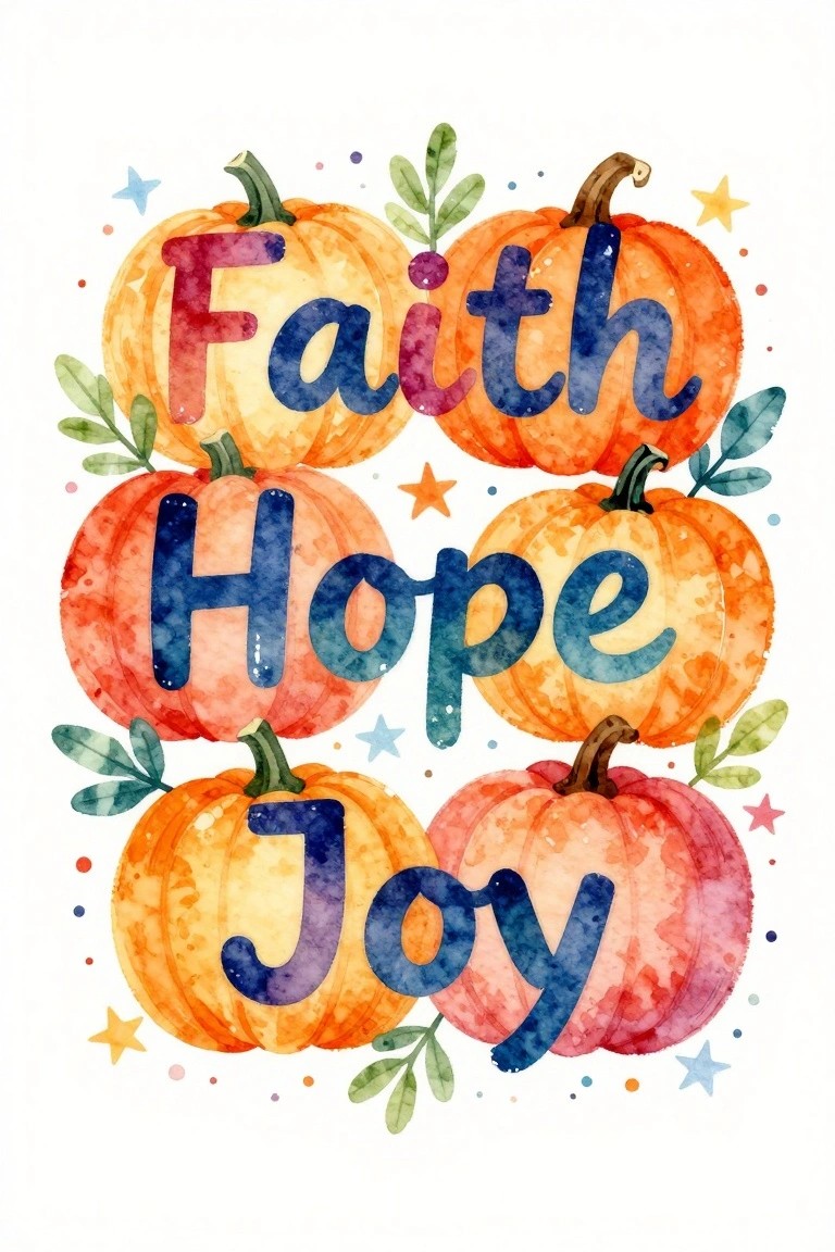 Watercolor pumpkins with Faith Hope Joy text, autumn leaves, and colorful stars.