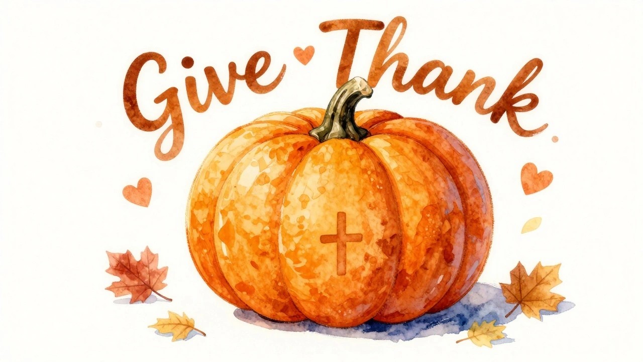 Watercolor orange pumpkin with "Give Thanks" text amid autumn leaves and hearts.