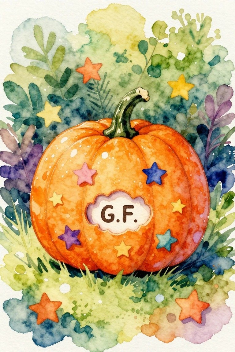 Watercolor pumpkin with colorful stars, G.F. label, surrounded by green foliage and stars.