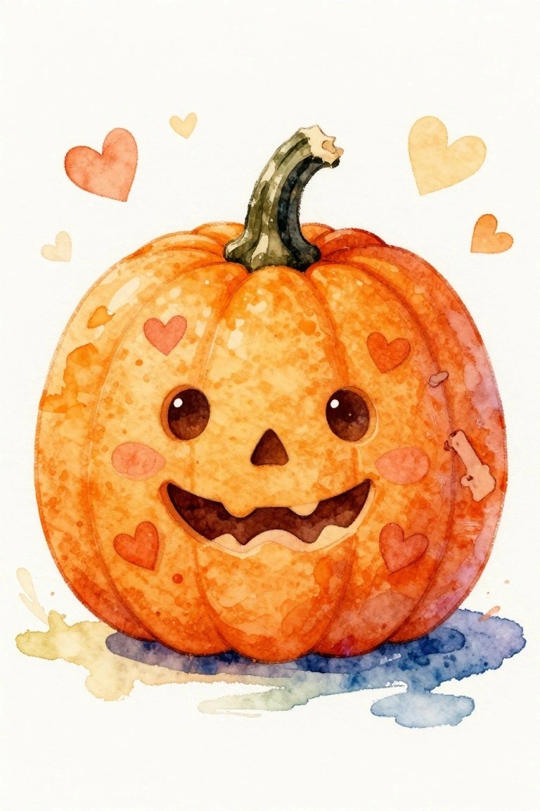 Watercolor jack-o'-lantern pumpkin with carved smile, hearts, and floating hearts around it.