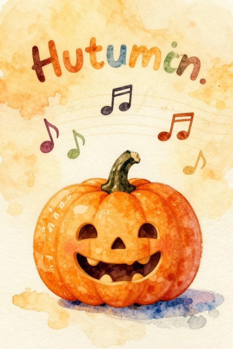 Watercolor jack-o'-lantern pumpkin with floating musical notes and 