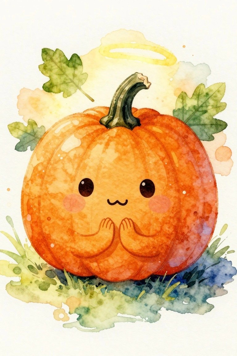 A watercolor painting of a cute orange pumpkin with a face, praying hands, and a halo, surrounded by green leaves.
