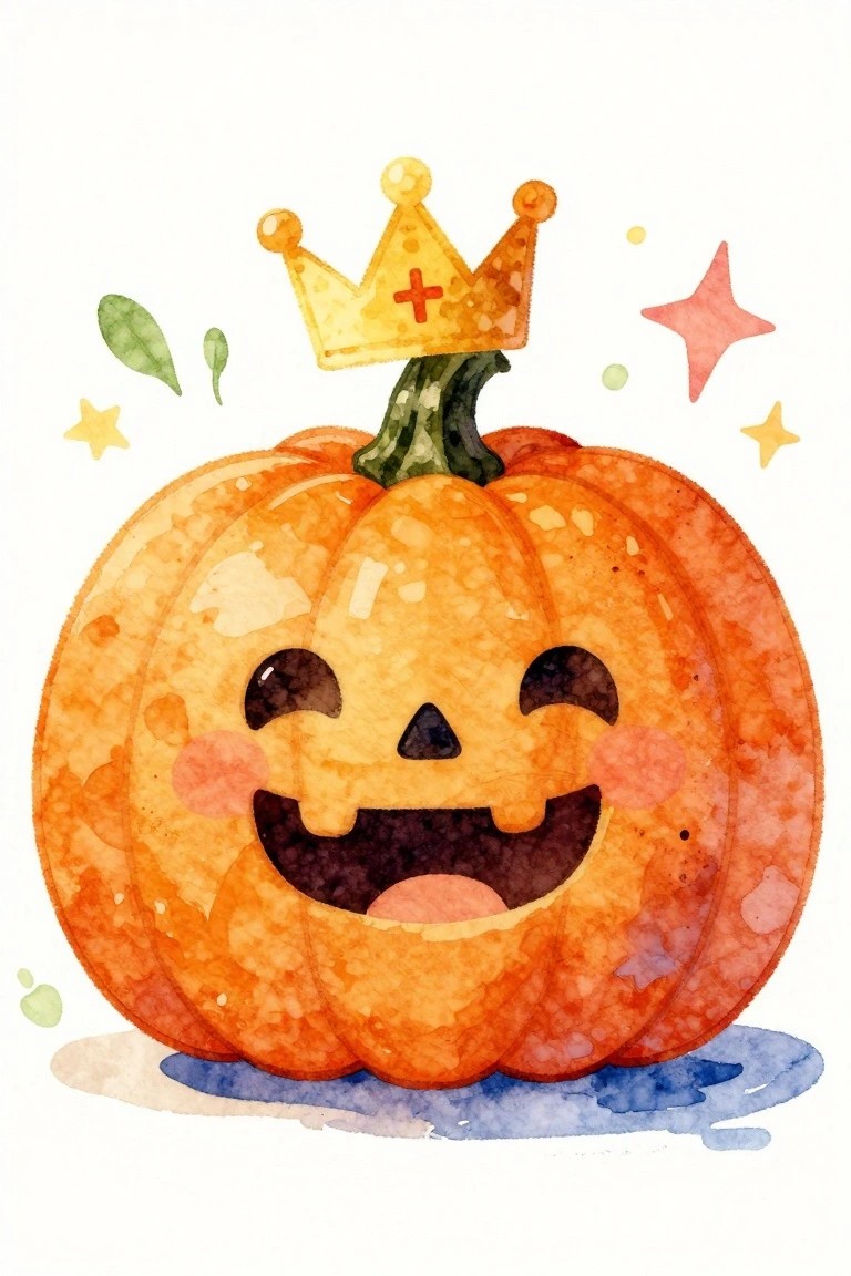 Watercolor jack-o'-lantern pumpkin wearing golden crown amid stars and leaves