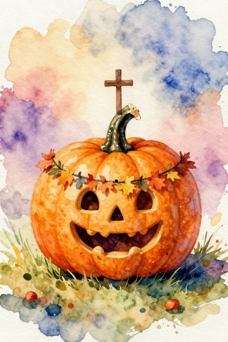 Watercolor jack-o'-lantern with cross on stem and autumn leaf garland.