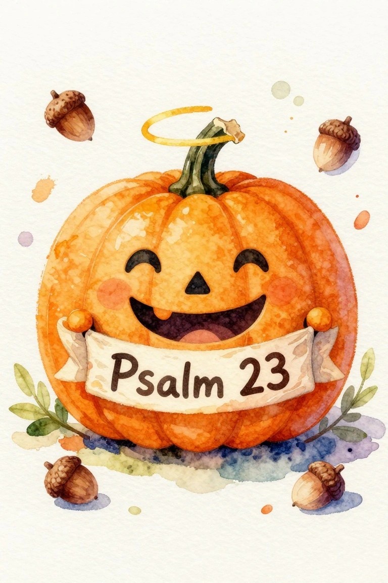 Watercolor cute orange pumpkin with smiling face and halo holding Psalm 23 banner amid acorns