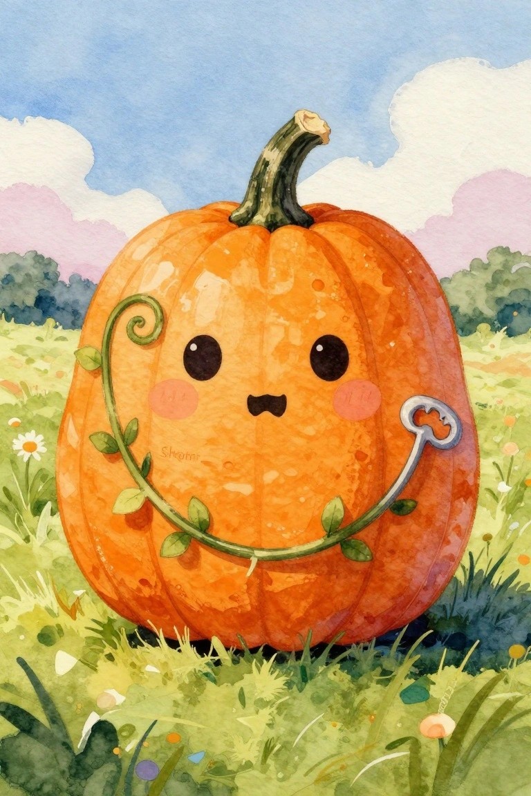 Cute orange pumpkin with vine smile, key, and rosy cheeks in watercolor meadow.