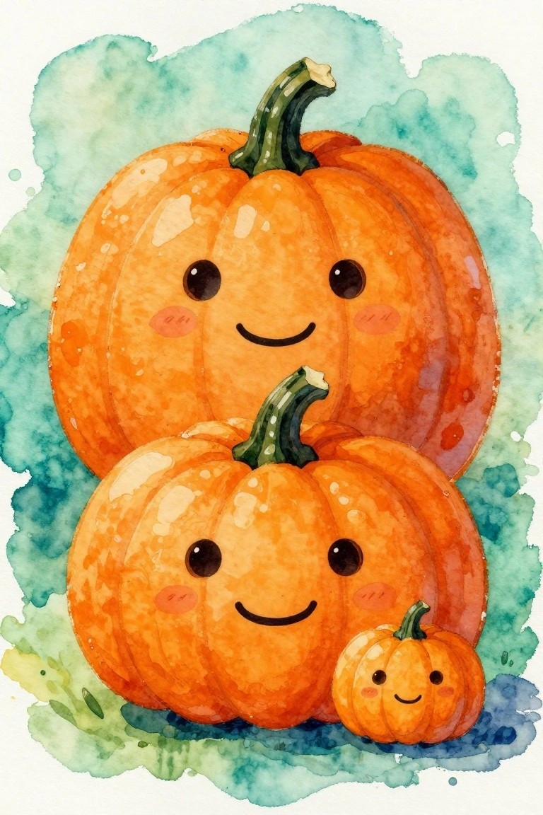 Three smiling orange pumpkins with faces in watercolor on teal background