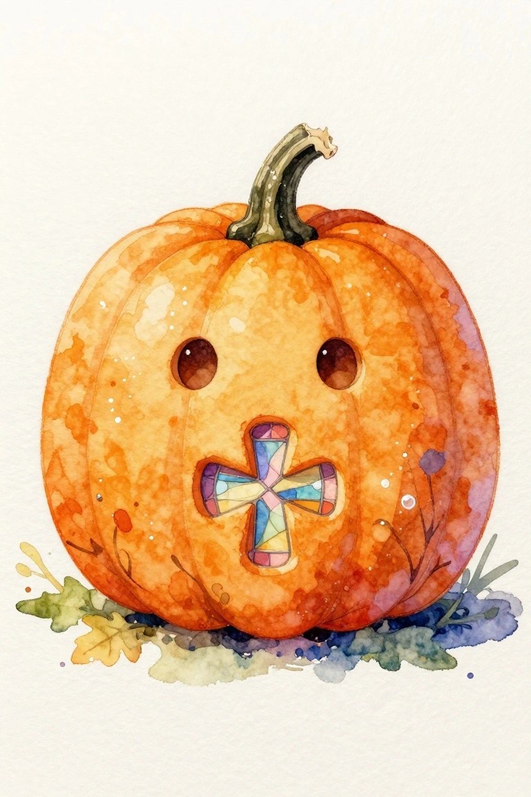 Watercolor orange pumpkin with stained-glass cross mouth, round eyes, and leafy base.