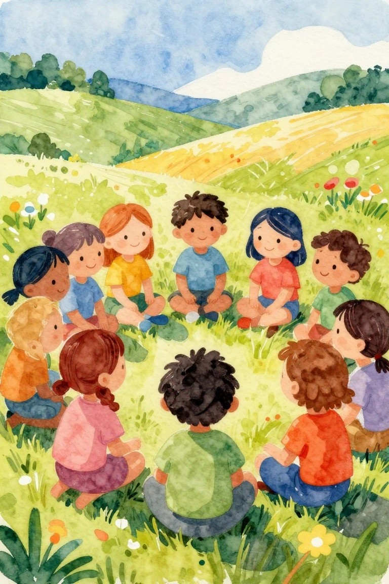 Children in colorful shirts sit in a circle on a sunny grassy meadow