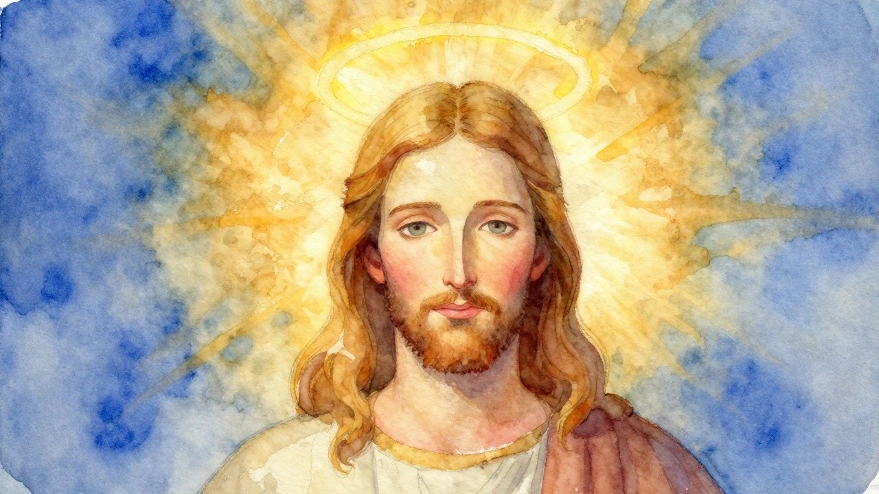 A watercolor painting of Jesus with closed eyes, a halo, and a yin-yang symbol on his head against a blue and yellow background.