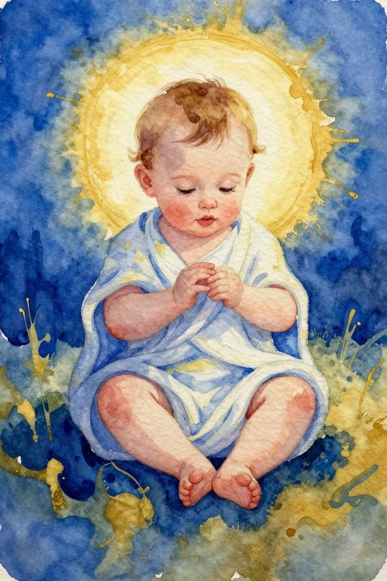 A watercolor painting of a seated baby in a blue robe with a large golden halo against a blue and yellow background.
