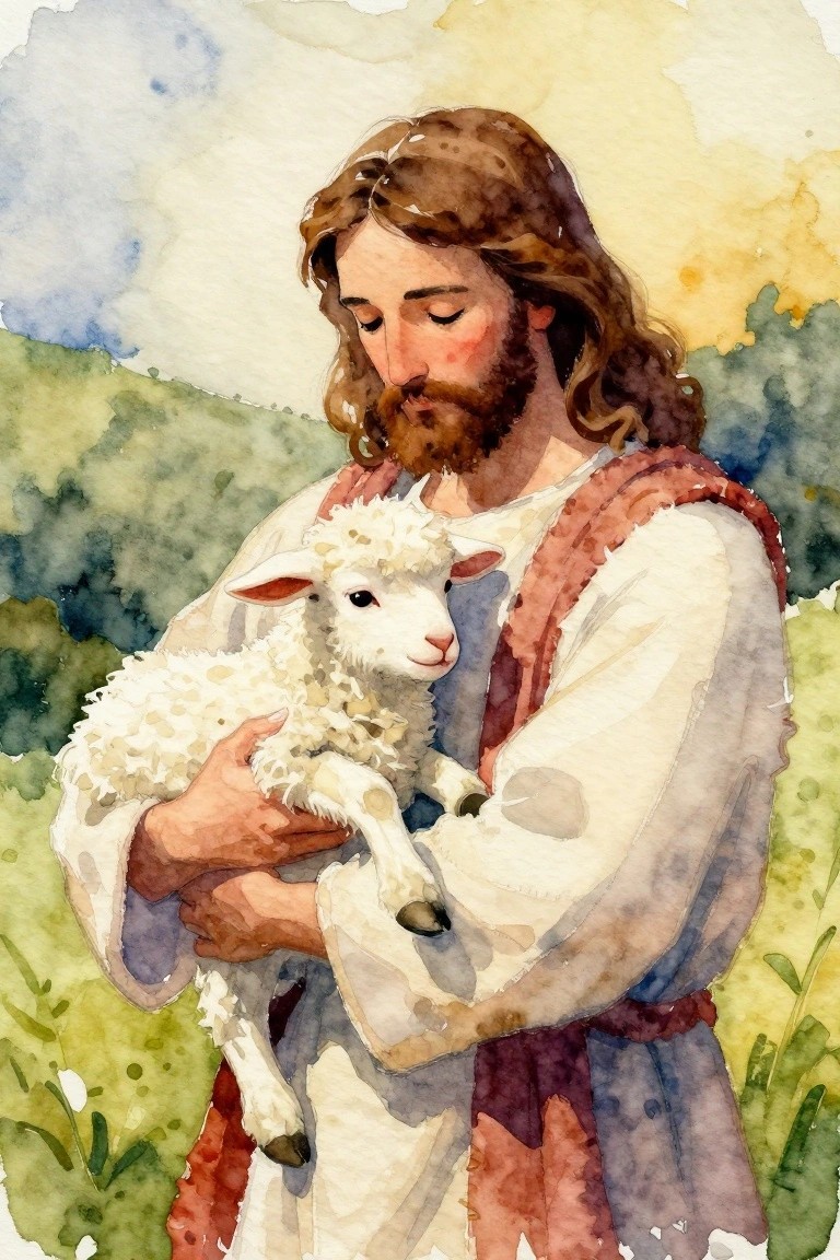 Jesus cradling a white lamb in watercolor landscape with soft greens and blues