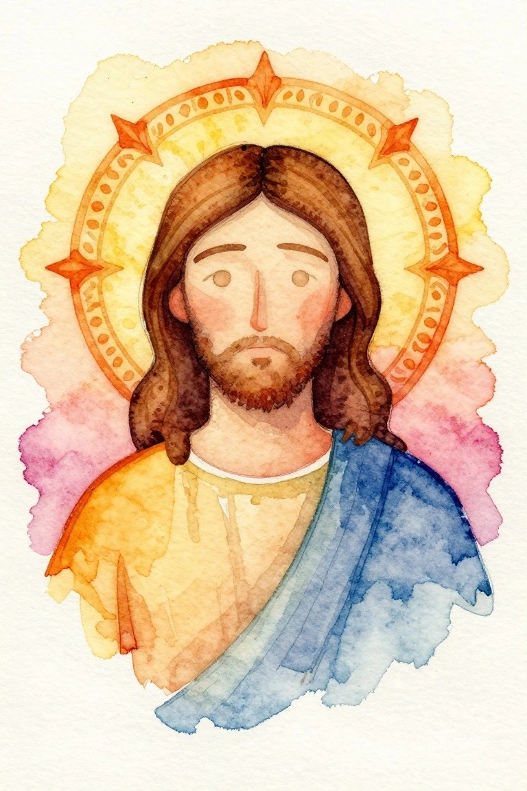 Watercolor portrait of Jesus with long brown hair, beard, yellow robe, blue mantle, and golden halo