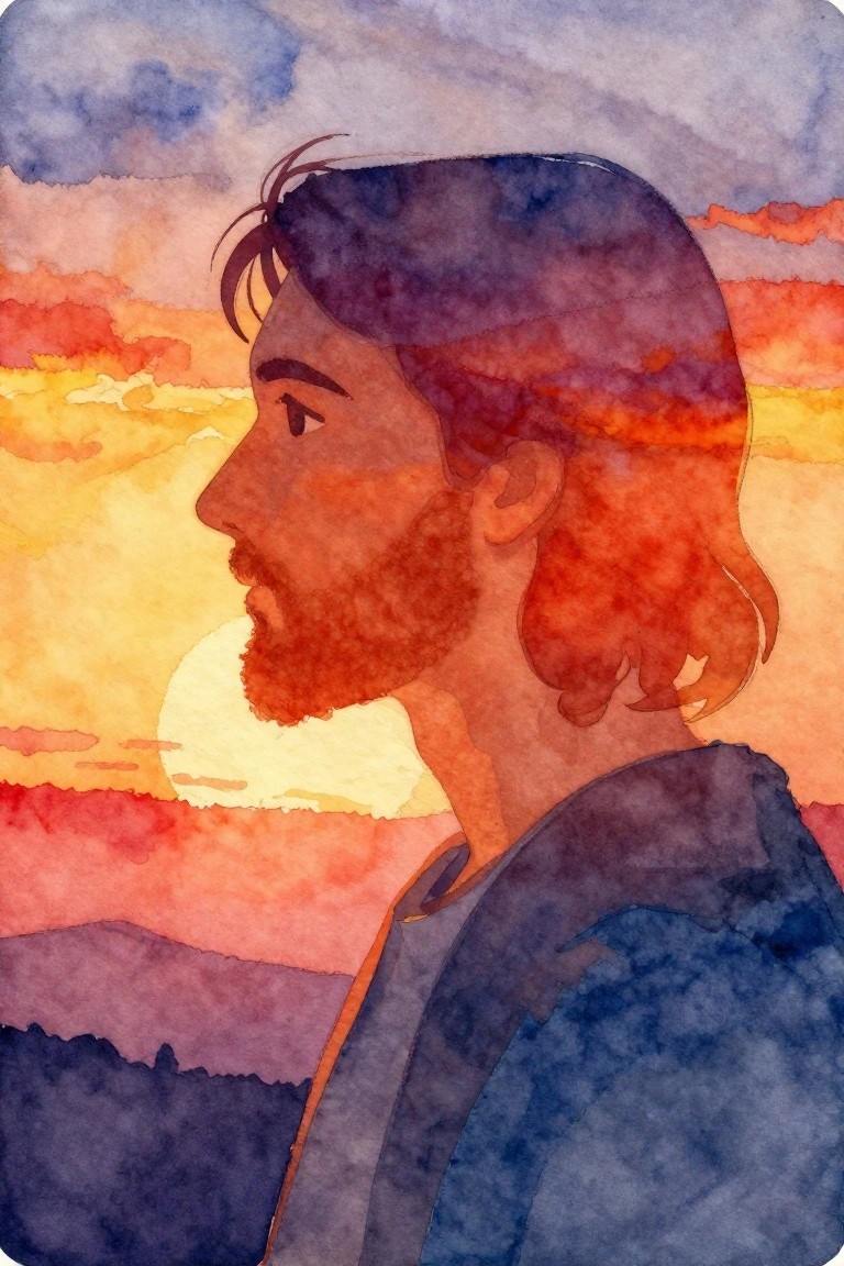 Watercolor painting of a bearded man with long hair shown in profile against a sunset sky with mountains.