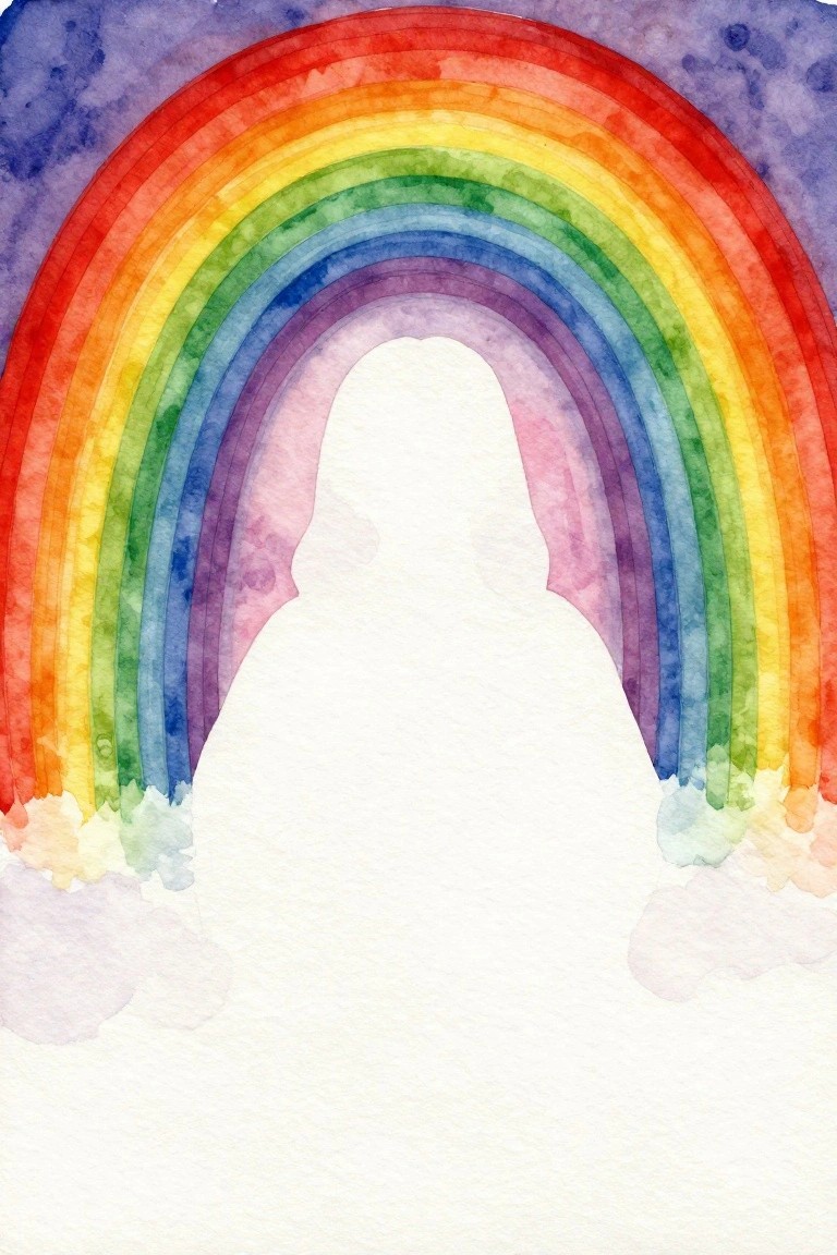 A watercolor painting of a white silhouette of Jesus under a colorful rainbow arching across a blue sky with clouds at the base.