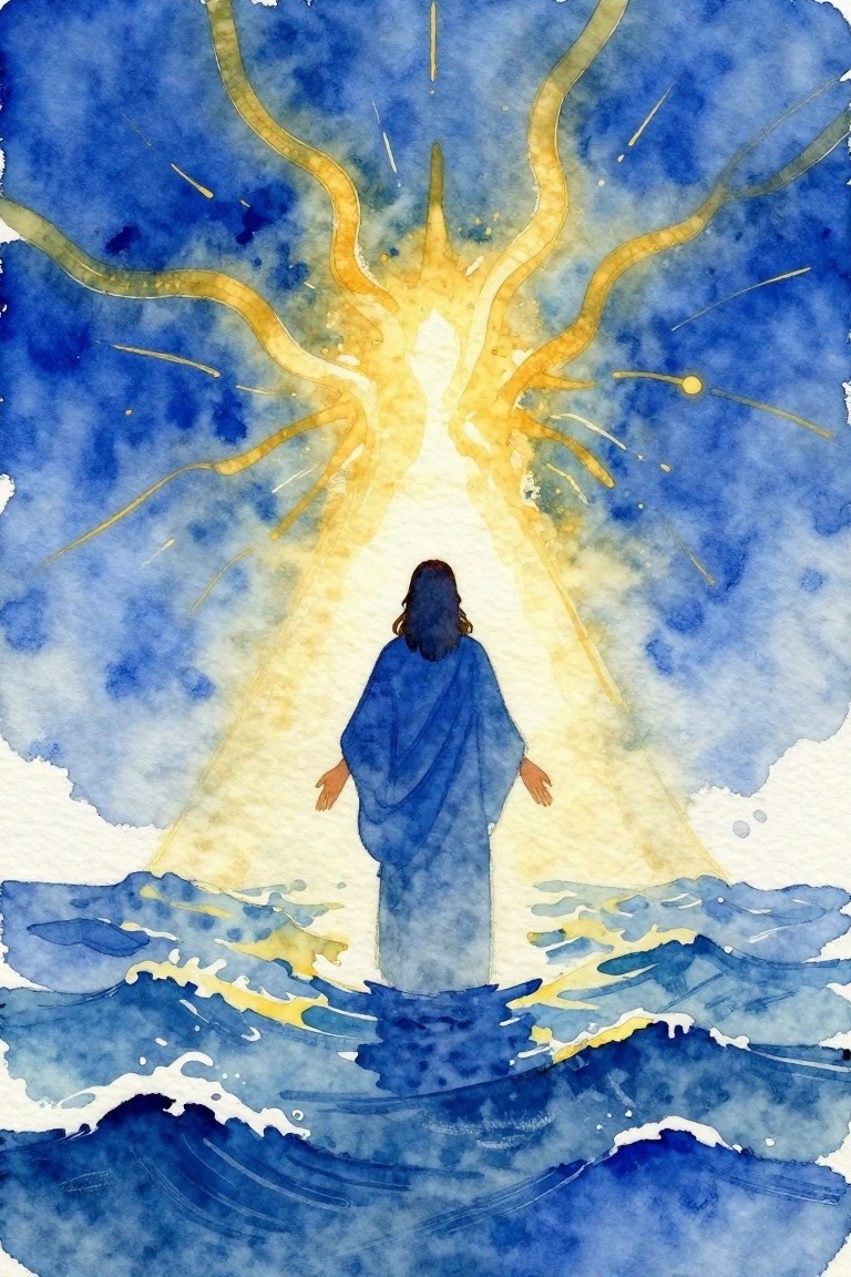 Watercolor of robed figure facing golden light over stormy blue ocean waves