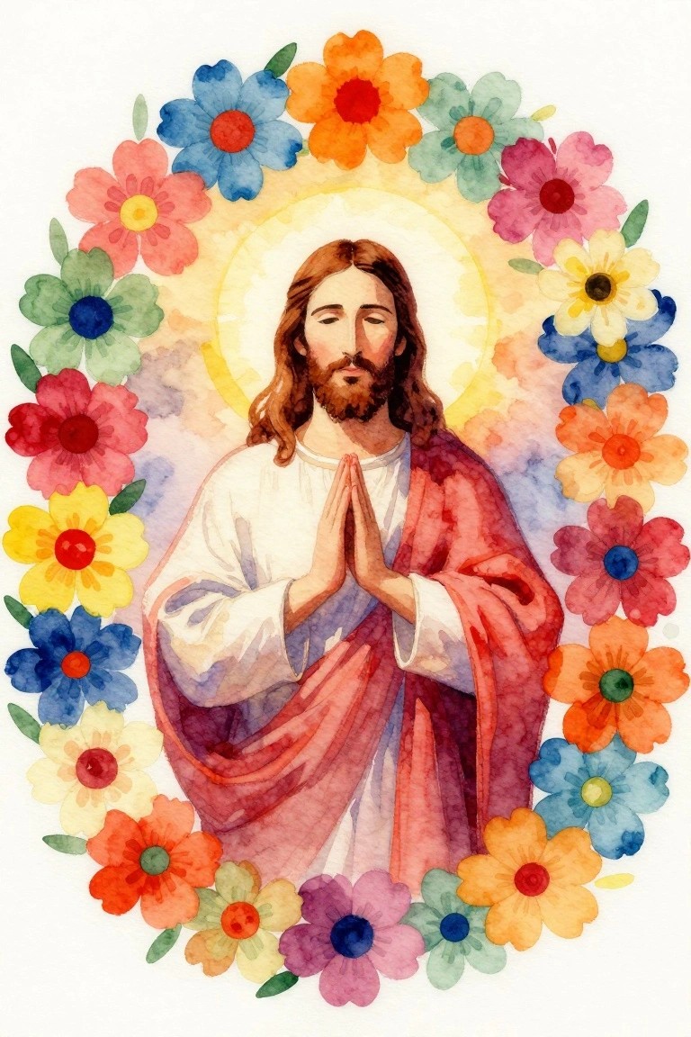 Watercolor Jesus with halo, hands in prayer, encircled by vibrant floral wreath.