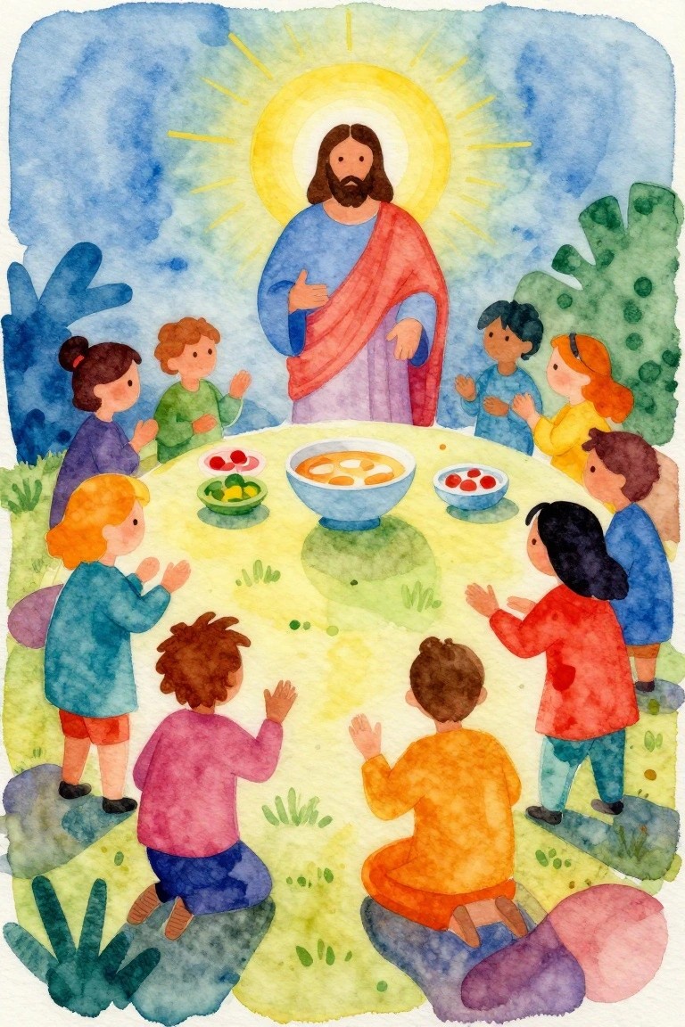 Watercolor of Jesus in blue-red robes with children clapping around sunny outdoor table with food bowls