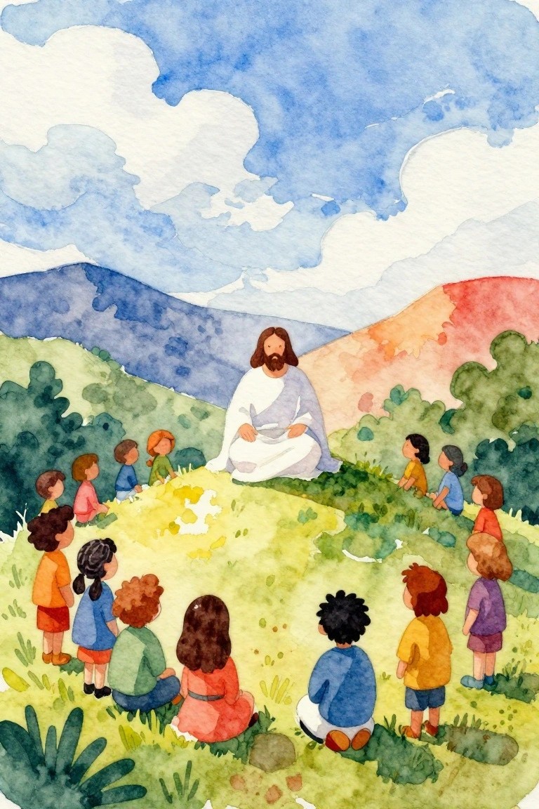 Watercolor of Jesus in white robes with children gathered on a lush green hill.