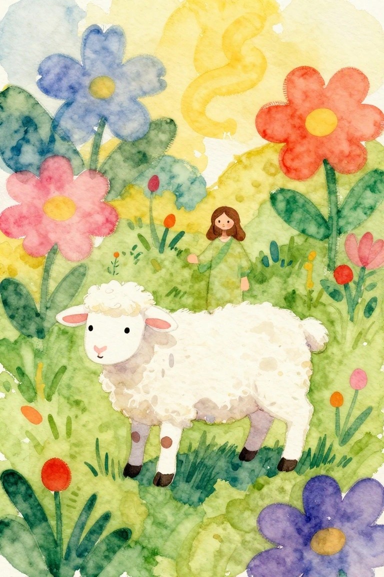 Girl in green dress beside fluffy sheep amid vibrant watercolor flowers on grassy hill