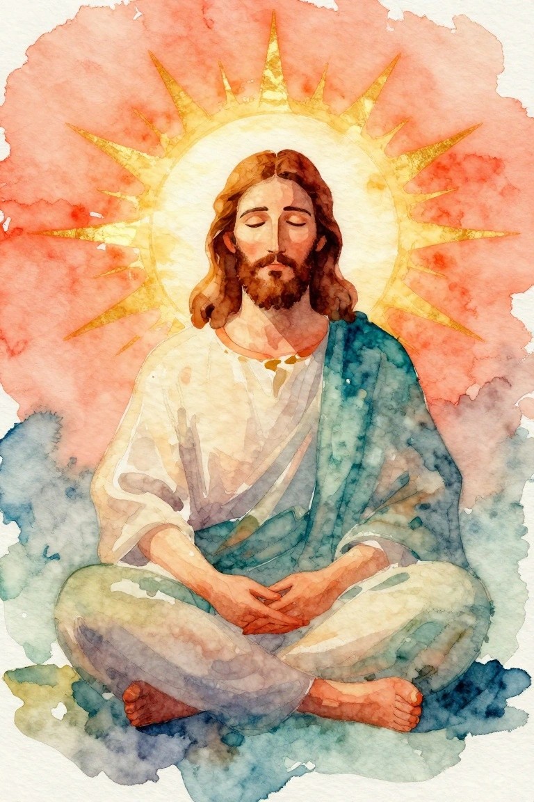 Watercolor of Jesus in white and blue robes meditating under golden sunburst halo