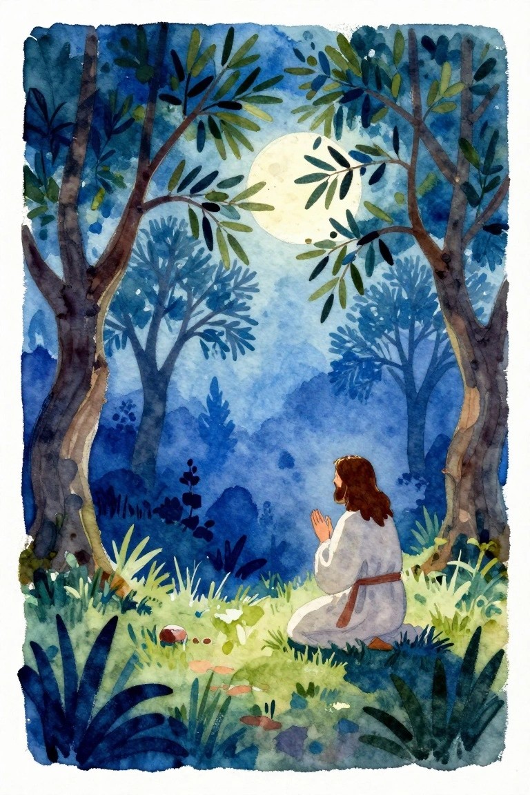 A watercolor painting shows a robed figure kneeling with hands together in a grassy clearing surrounded by trees under a large full moon.