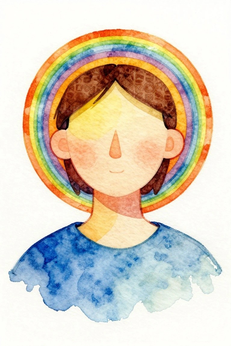 Watercolor portrait of figure with rainbow halo, brown hair, and blue top.