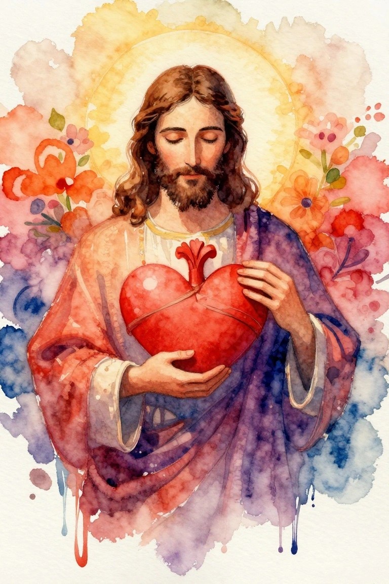 Jesus in flowing robes holding a red sacred heart with halo and floral watercolor background.