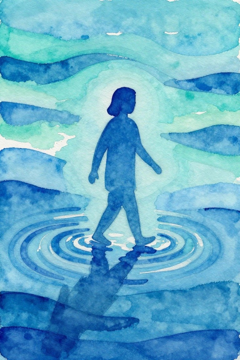 Blue silhouette walking on rippling water amid swirling waves in watercolor style