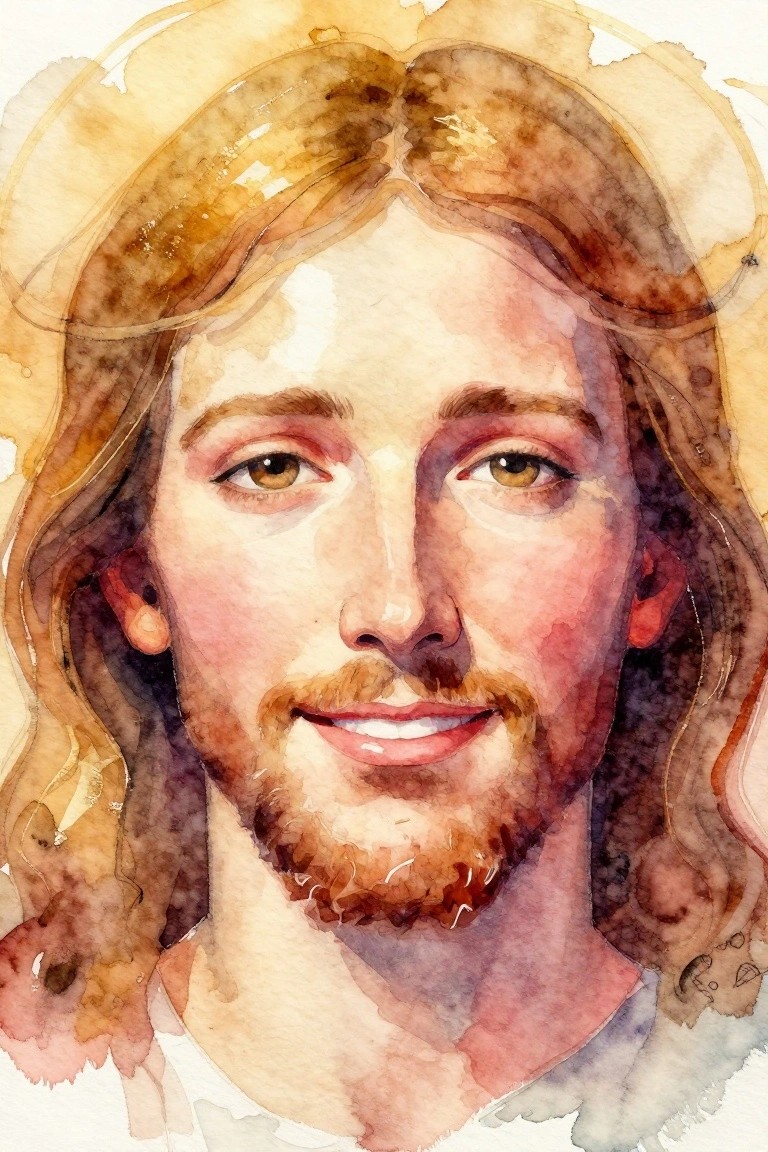 Watercolor portrait of Jesus with long wavy hair, beard, and glowing halo, shown from the shoulders up with a slight smile.