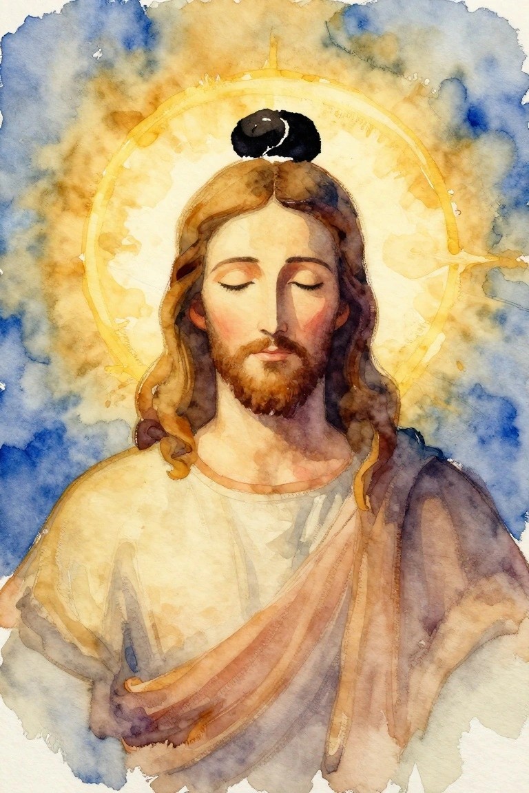 A watercolor painting of Jesus with closed eyes, a halo, and a yin-yang symbol on his head against a blue and yellow background.