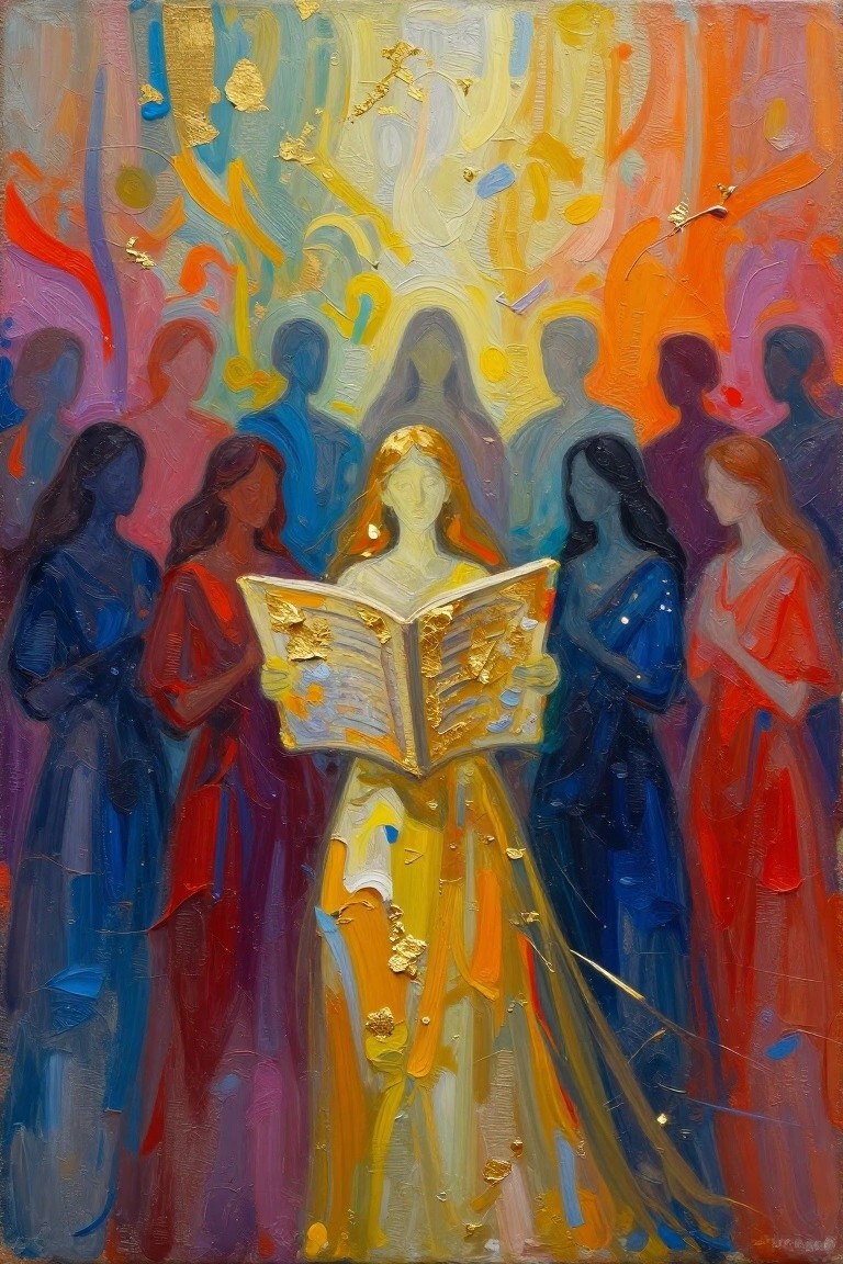 A painting of a central woman in yellow holding an open book with gold leaf, surrounded by other women in blue and red robes against a vibrant abstract background with musical notes.