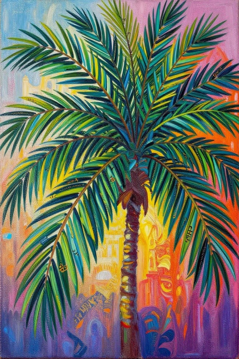 Vibrant palm tree with colorful fronds against a glowing sunset cityscape