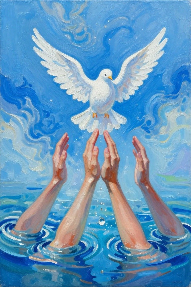 Three hands reach from blue water toward a white dove soaring above.