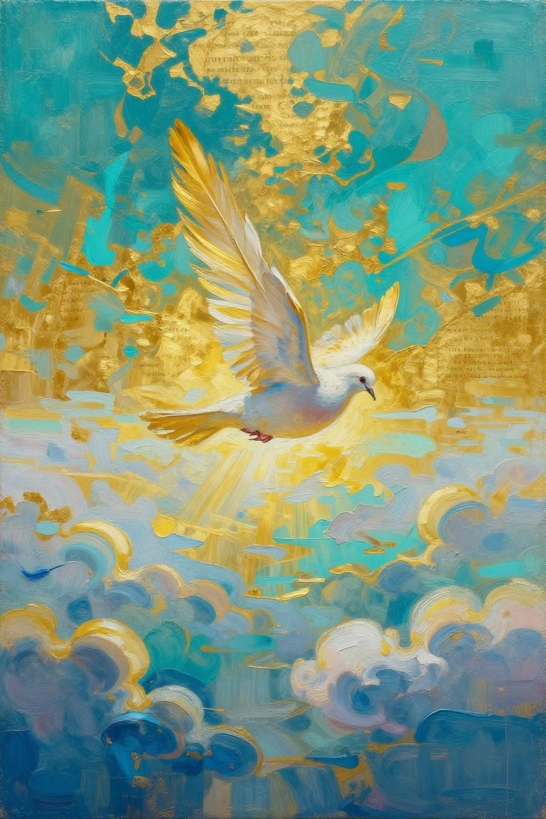 White dove with golden wings flies through abstract blue and gold clouds with light rays.
