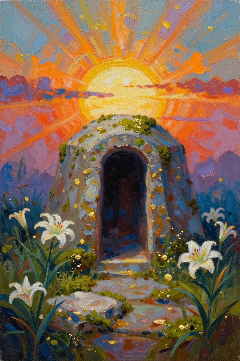 Vibrant painting of vine-covered stone archway with white lilies under golden sunrise.
