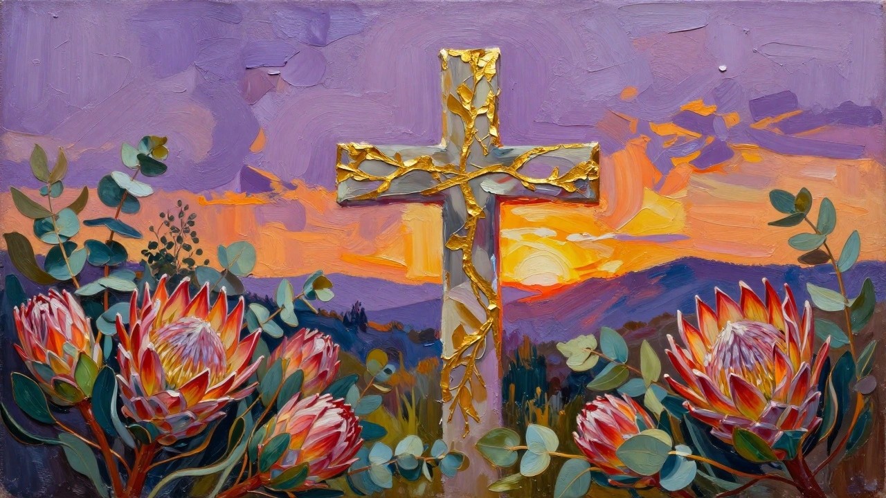 Wooden cross with golden cracks amid pink proteas under vibrant orange sunset.