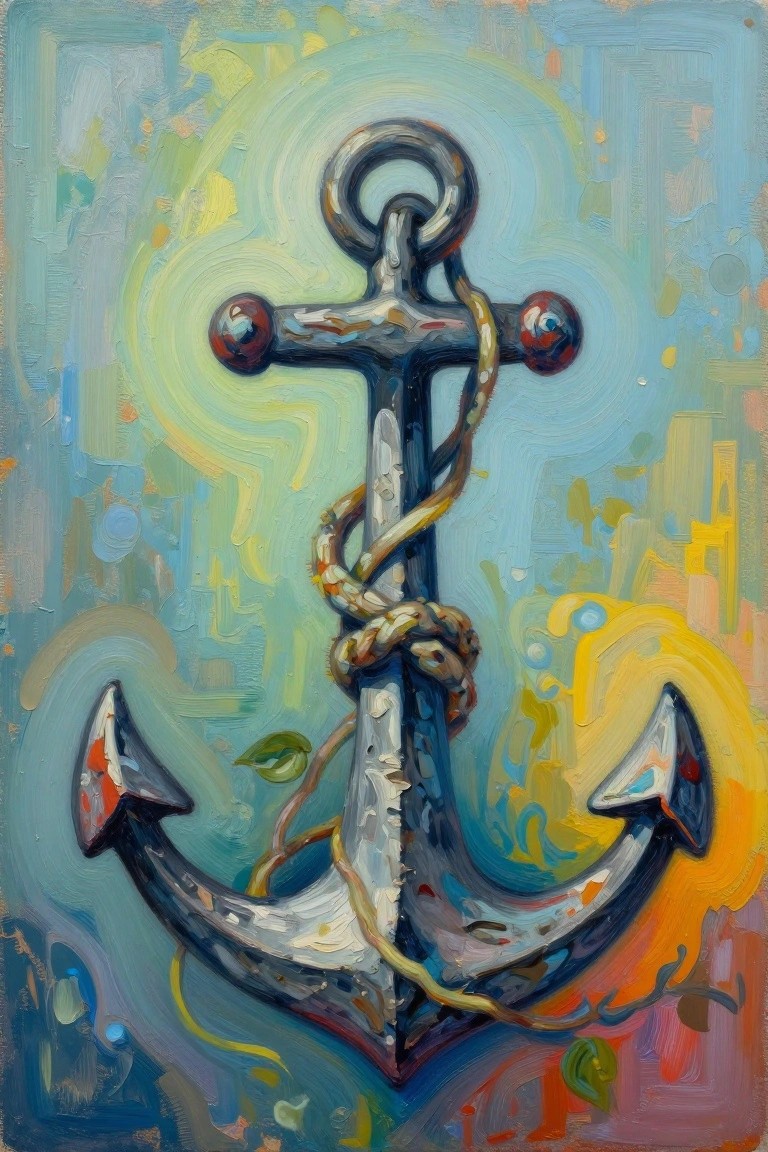Vibrant painting of an anchor wrapped in rope amid swirling colorful abstract shapes