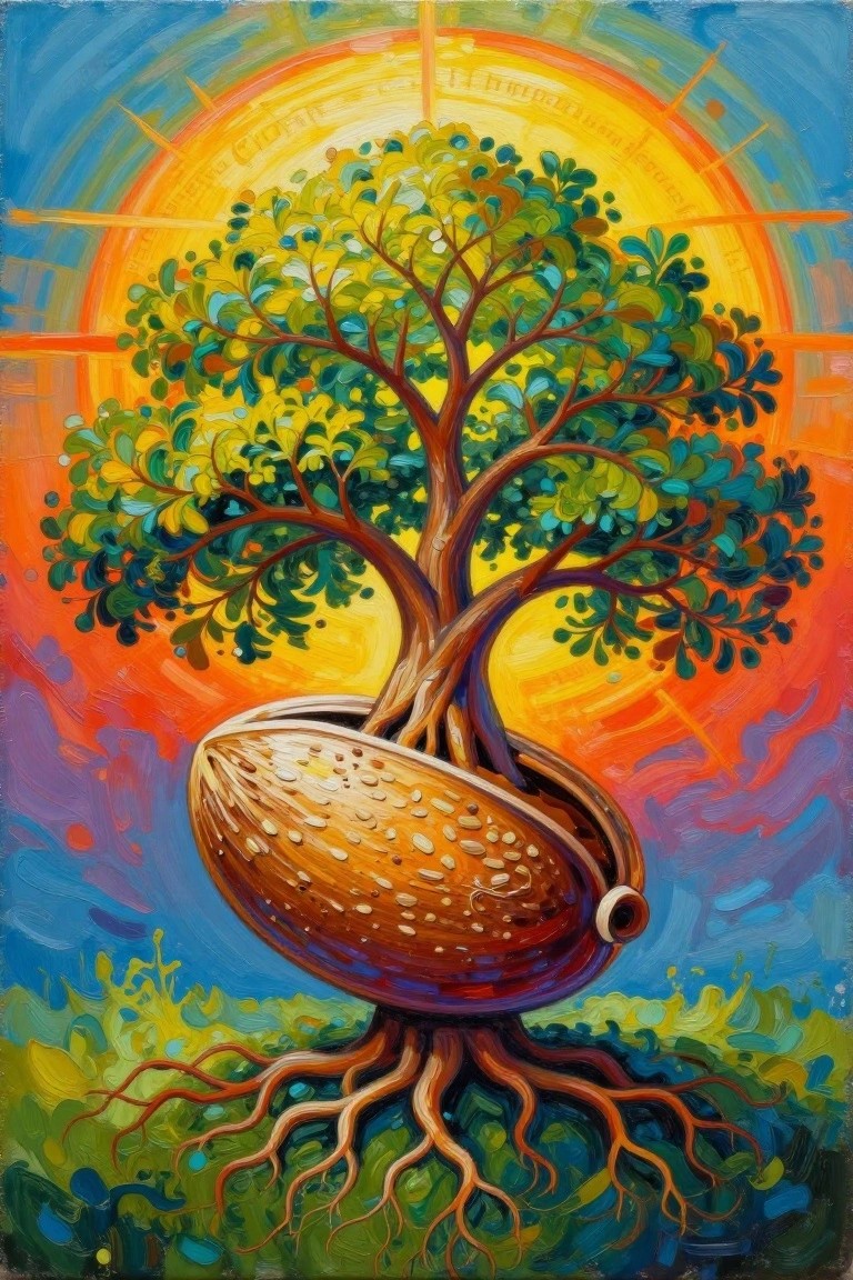 Vibrant tree sprouting from cracked almond with sprawling roots under radiant sun.