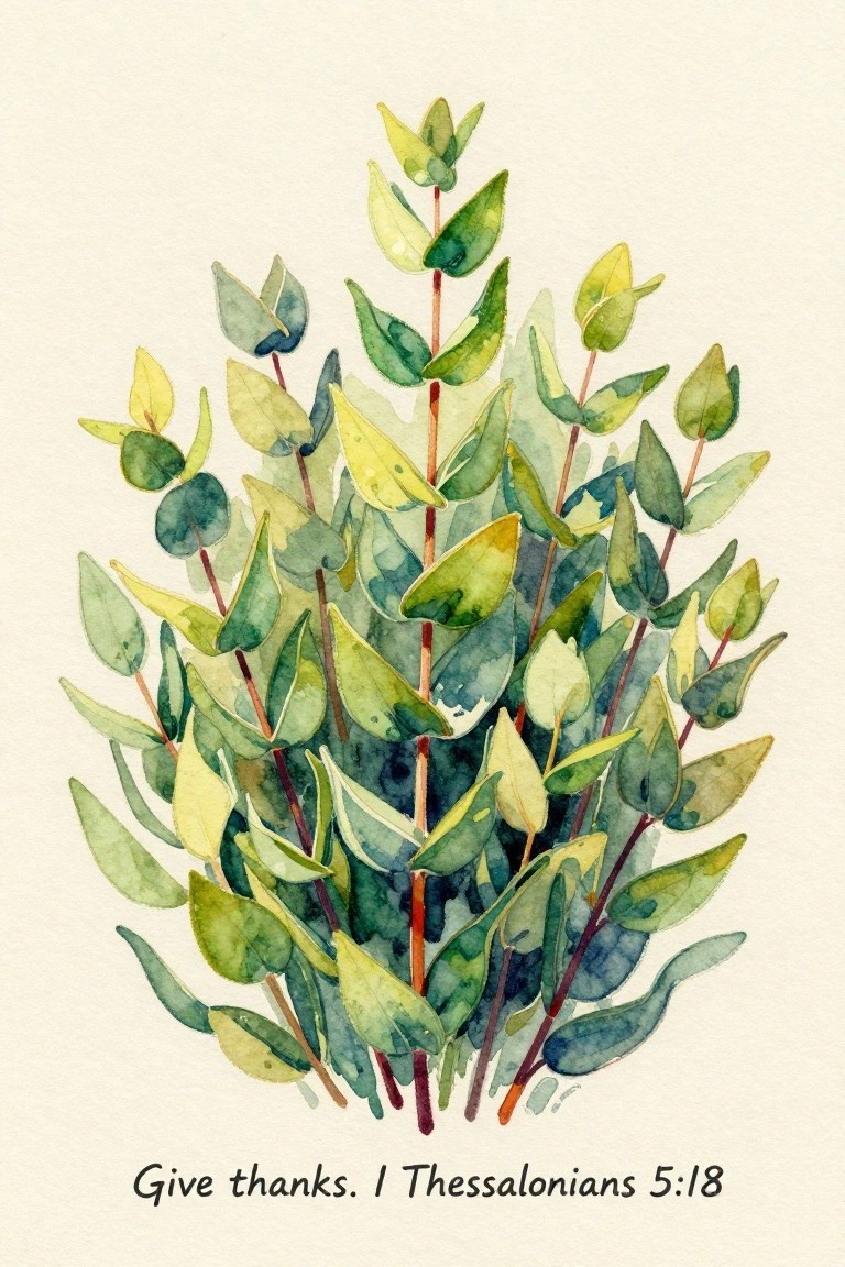 Watercolor of dense green-yellow foliage with reddish stems and verse text below