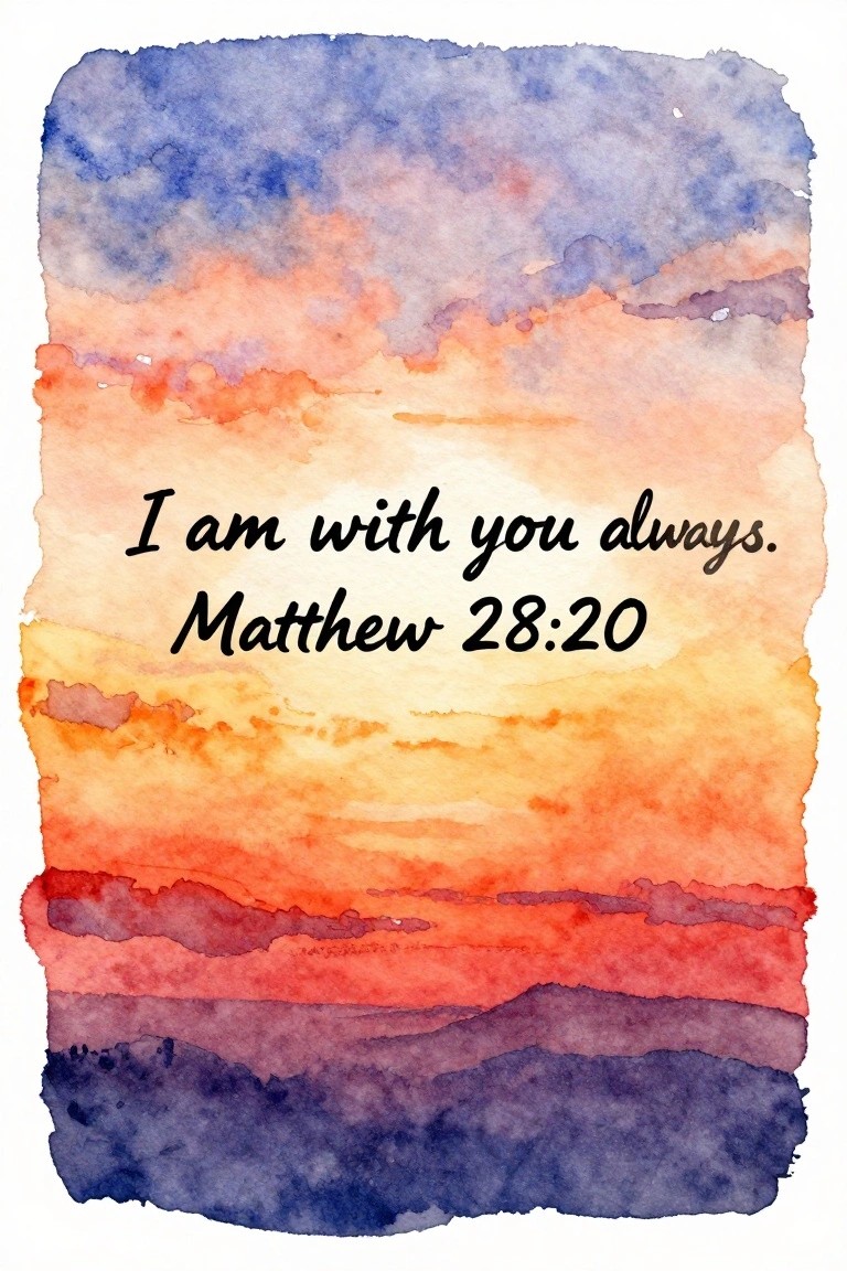 Watercolor sunset sky in orange, red and blue with Matthew 28:20 text