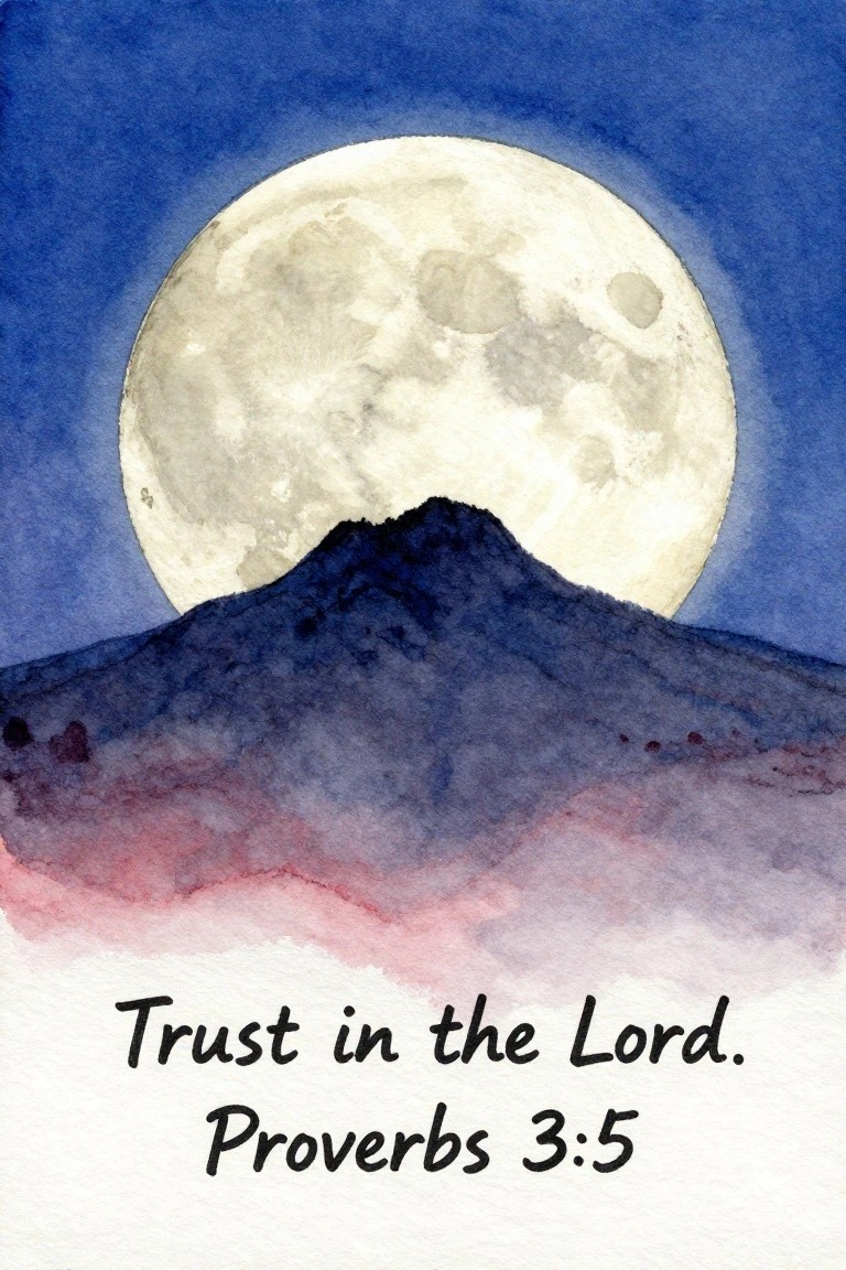 Watercolor full moon over dark mountain with 