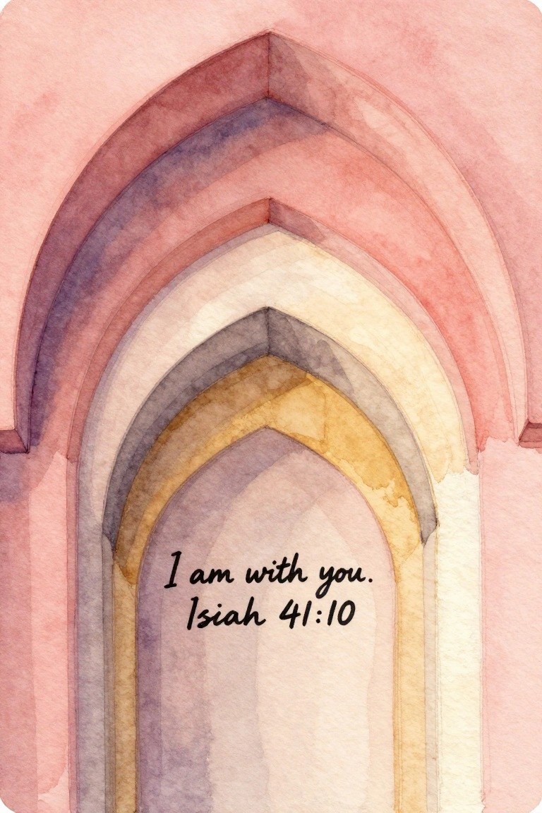 Watercolor arches in soft pastel pinks and yellows with Isaiah 41:10 text overlay