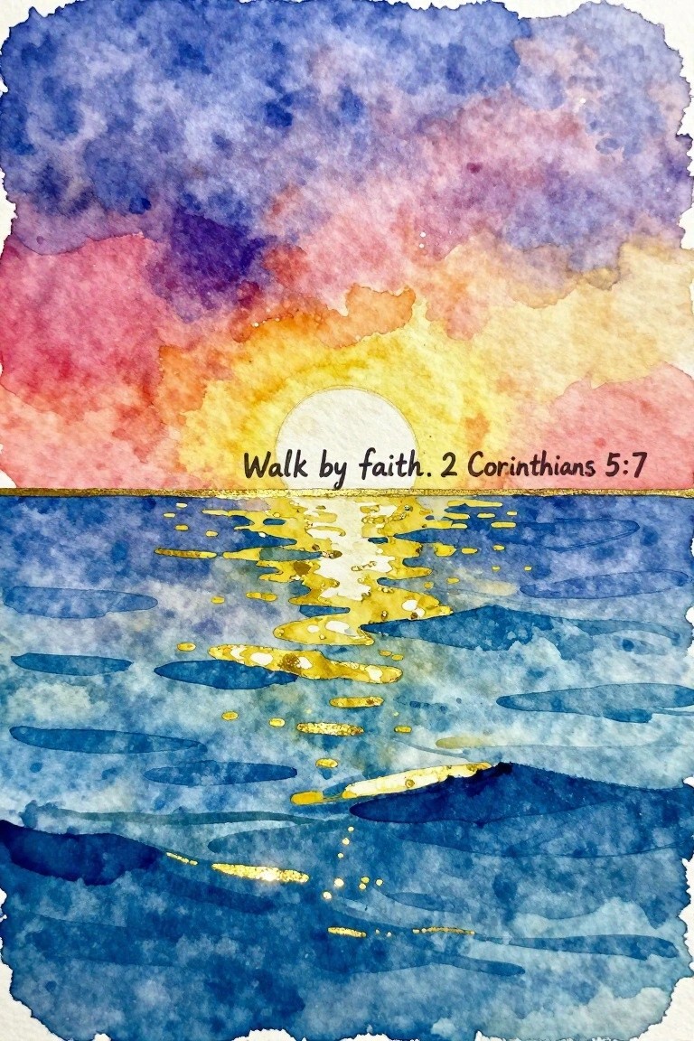Watercolor sunset over ocean with golden reflections and 